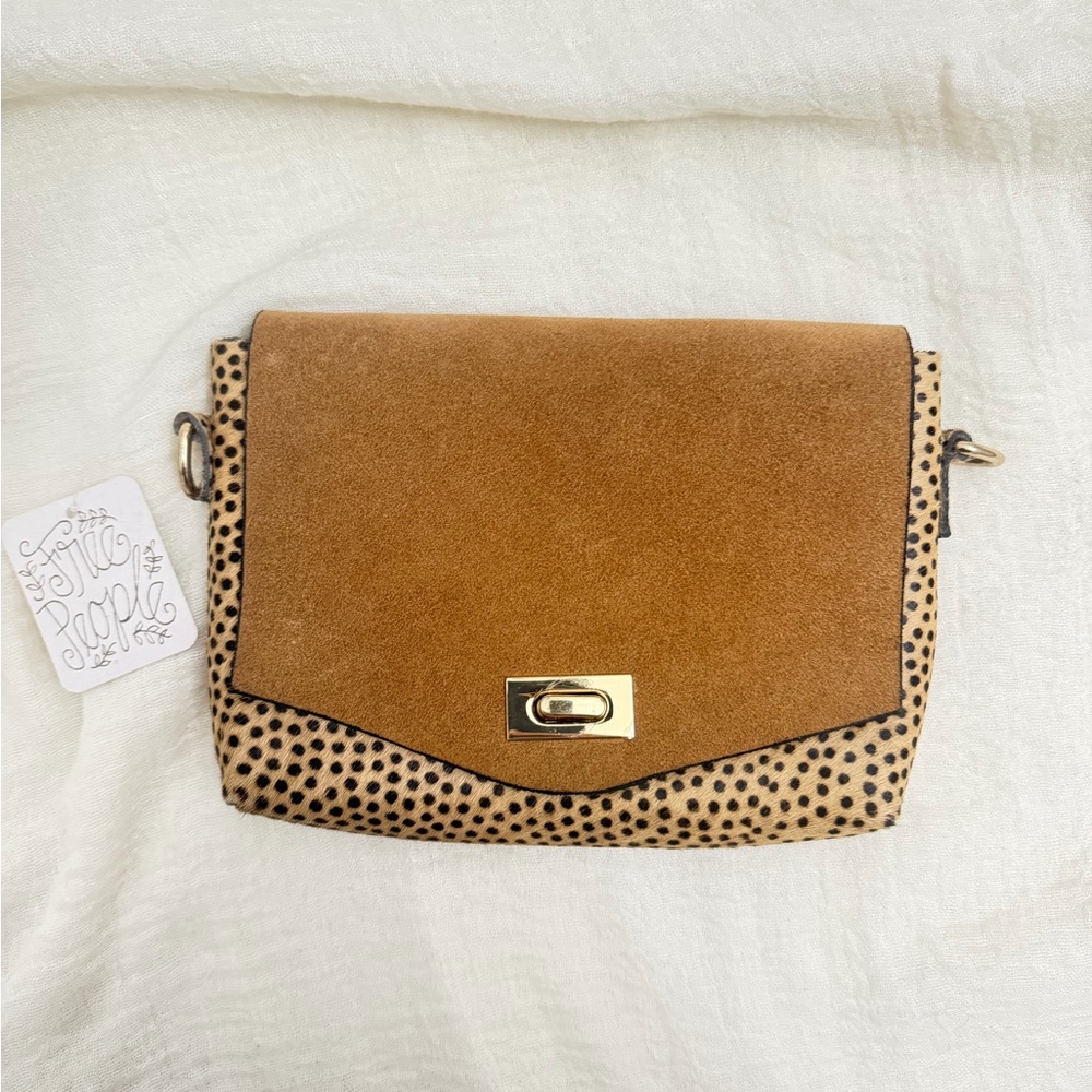 Free People Suede Leather Bag Brown Camal Animal Print Clutch Boho No Strap